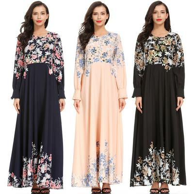 2019 Yiduoduo New Style Muslim Robes Slim Skirt National Style Chiffon Print Large Swing Stitching Black Dress for Female's Pink Islamic Skirt