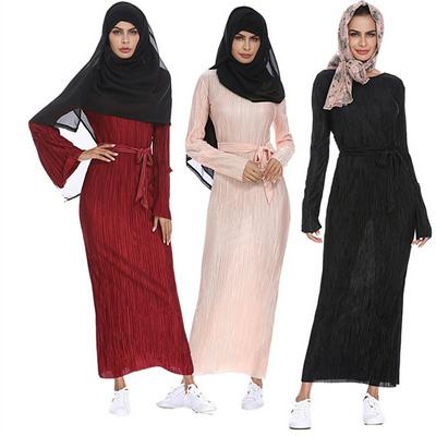 M-2XL Size Pleated Solid Color Elegant Sexy Party Muslim Long Sleeve Maxi Abaya Dress Robe Islamic  Moroccan Kaftan Turkish Clothing with Belt