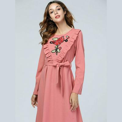 M-2XL Size Elegant Embroidery Floral Ruffles Long-Sleeve O-Neck Bandage Maxi Dress Abayas Ethnic Muslim Arab Dubai Middle East Islamic Clothing