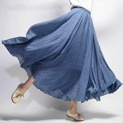 Women's Cotton Linen Skirt Casual Pleated Beach Dress