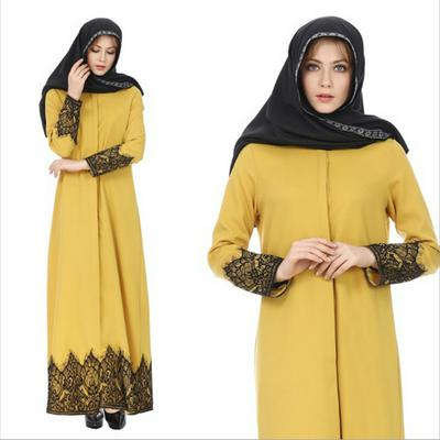 HQ0340 S-XL Code Elegant Abaya Muslim Lace Edge Long-Sleeve Lapel Buttons Full Dress Robe Jubah Ramadan Arabic Islamic Prayer Clothing