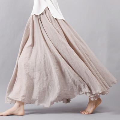 Women Linen Cotton Beach Boho Vintage Summer Skirts Long Skirts Elastic Waist Pleated Maxi Skirts 