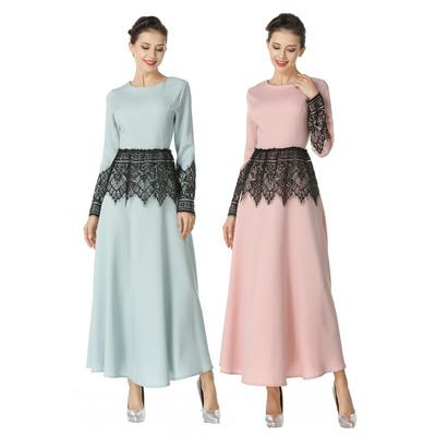 2019 Spring New Fashion National Style Long Skirt Robe Stitching Lace Flower Pattern Long Sleeve Loose Dress for Women's Islamic Clothing
