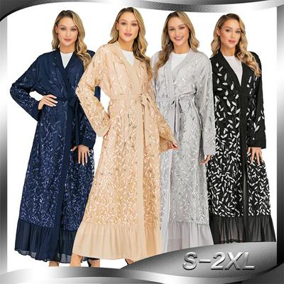 Women's Long Sleeve Open Abaya Sequin Embroidered Muslim Dress