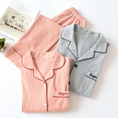 Women's Knitted Cotton Pajamas Button Down Stripe Nightwear