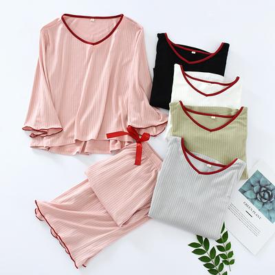 Women's Knitted Cotton Pajamas Elastic Nightwear Trimmed with Red Fabric