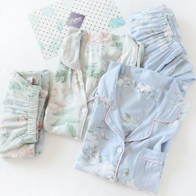 Women's Floral Cotton Sleepwear Set Long-sleeved Button Down Top and Elastic Waisted Pants