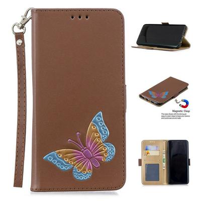 Wrist Strap Colored Painted Butterfly Pattern Wallet Card Holder Stand Support Picture Frame PU Leather + TPU Phone Case for Samsung Galaxy S9 Plus