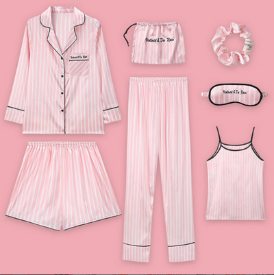 Autumn Cool Pantie Sets Simulation Silk Sexy Breathable Long-Sleeved Women's Pajamas Seven-Piece Suit for Sexy Female's Seven-Piece Pajamas