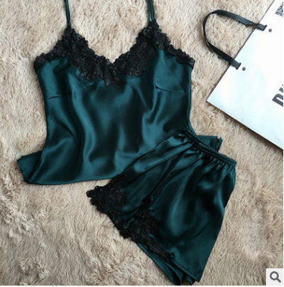 Summer Ladies Sexy Silk Pajama Sets Women's Lace Sleeveless V-neck Sleepwear Red Pantie For Female's Pantie Sets