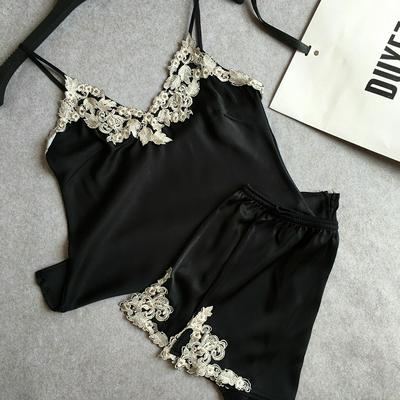 Summer Ladies Sexy Silk Pajama Sets Women's Lace Sleeveless V-neck Sleepwear Sleepwear For Female's Pantie Sets