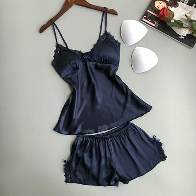 2019 Summer Lace Lingerie Comfortable Breathable Stretch Silk Pajamas Set Sexy Chest Pad Pajamas for Silk Ladies Pajamas Set