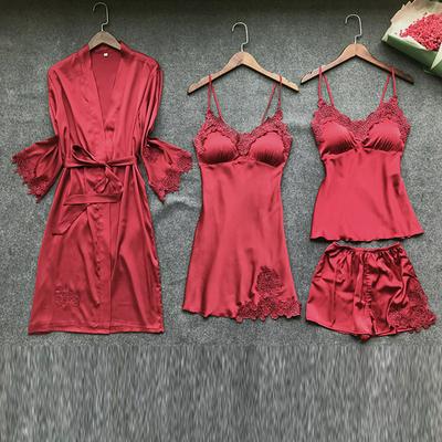 Spring & Summer Sexy Female Pantie Sets Sexy Feminine Comfortable Breathable Pajamas for Lace Embroidered Cute Female Silk Pajamas Sets