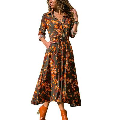 Long Dress Women Floral Pattern Boho Thin and Breathable Chiffon Dress Long Sleeve Ladies Beach Dress 