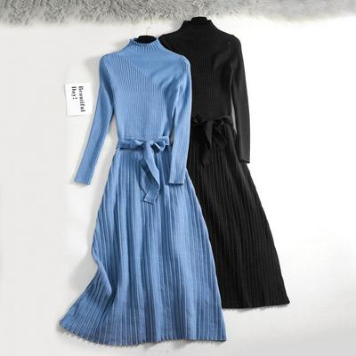 Women's Ribbed Sweater Dress Plain Casual Dress with Elegant Belt for Autumn/Winter