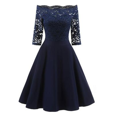  New Retro Women Lace One-collar Dress Splicing Big Swing Ball Gown Skirt