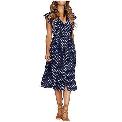 Polka dot V-Neck Casual Flutter Chiffon Dress Short Sleeve Polka Dot Dress Mini Party Dress Elegant V-neck Women Sundress  