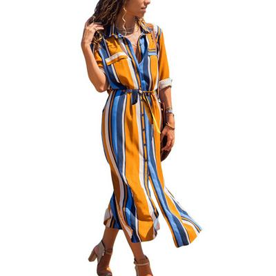Chiffon Beach Dress with Turn Down Collar Office Ladies Stripe Dress Casual Long Sleeve Elegant Party Dress 