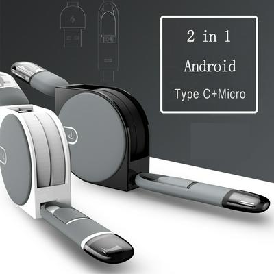 Retractable Charger Cable 2 in 1 Flat USB to Type-C and Micro USB Cable with Connector Cover