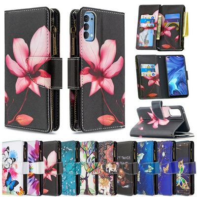 Colored Painting Wrist Strap Style Shock-Absorption Side Flip PU Leather + Soft TPU Card Slots with Magnetic Buckle and Stand Zipper Wallet Case for Oppo Reno4 5G