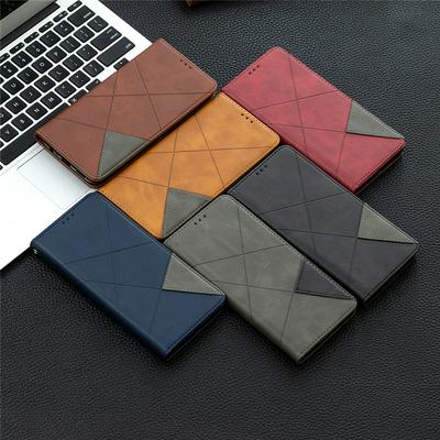 Rhombus Pattern Denim Cloth Anti-Fall Side Flip PU Leather + Soft TPU Picture Frame Stand with Magnetic Closure and Card Slot Wallet Case for Oppo A9 (2020)