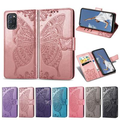 Butterfly Embossed Pattern Scratch Resistant Side Flip PU Leather Phone Case with Card Slots&Lanyard for Oppo A52