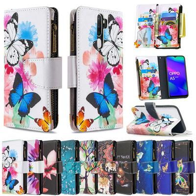 Colored Painting Wrist Strap Style Shock-Absorption Side Flip PU Leather + Soft TPU Card Slots with Magnetic Buckle and Stand Zipper Wallet Case for Oppo A5 (2020)