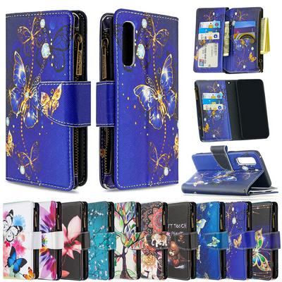 Colored Painting Wrist Strap Style Shock-Absorption Side Flip PU Leather + Soft TPU Card Slots with Magnetic Buckle and Stand Zipper Wallet Case for Oppo Find X2 Neo