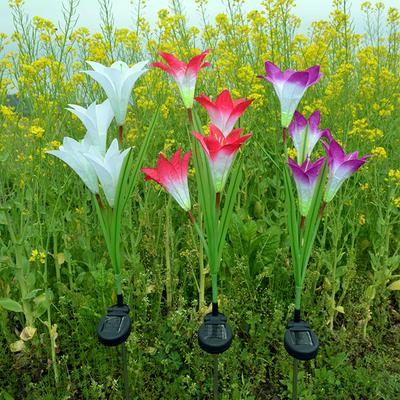 Outdoor Solar Garden Stake Lights  LED Lighted Artificial Lily Flowers Decorative Fake Flowers with 4 Branches for Yard Garden Lawn