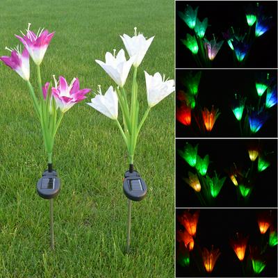 2pcs LED Lighted Artificial Lily Flowers Solar Powered Decorative Fake Flowers with 4 Branches for Yard Garden Lawn