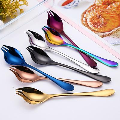 2 in 1 Stainless Steel Spoon and Fork Shiny Flatware Salad for Fruit Appetizer