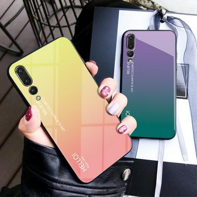 Luxury Gradient Bicolor 9H Explosion-Proof Anti-Scratch Tempered Glass Back + Soft TPU Bumper Frame Support Wireless Charging Back Cover Case for Huawei P20 Pro