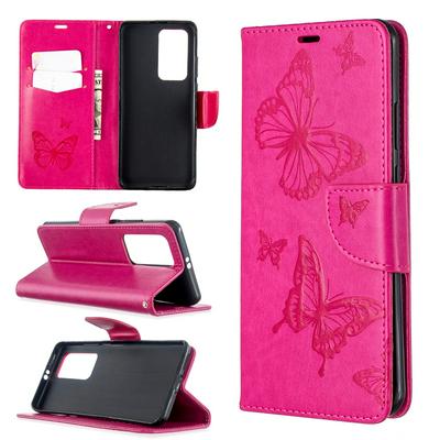 Embossed Two Butterflies Wrist Strap Style Anti-Fall Side Flip PU Leather + Soft TPU Stand with Magnetic Buckle and Card Slots Wallet Case for Huawei P40 Pro
