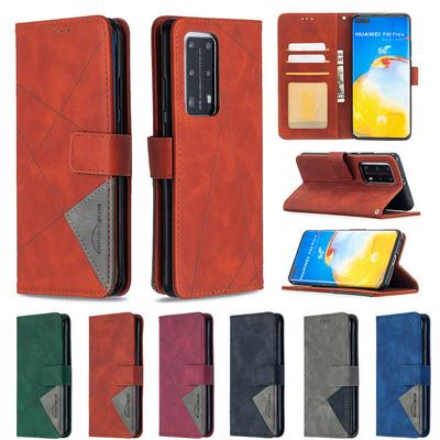 BF05 Style Stitching Color Rhombus Pattern PU Leather + Soft TPU Mganetic Buckle Card Slots with Magnetic Buckle and Stand Wallet Case for Huawei P40 Pro