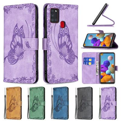 For Samsung Galaxy A21s Embossed Flying Butterflies Scratch Resistant Wallet Leather Case with Wrist Strap
