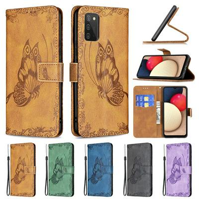 For Samsung Galaxy A02s Embossed Flying Butterflies Scratch Resistant Wallet Leather Case with Wrist Strap
