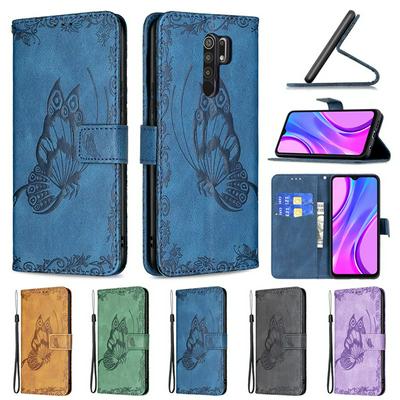 For Xiaomi Redmi 9 Embossed Flying Butterflies Scratch Resistant Wallet Leather Case with Wrist Strap