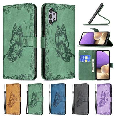 For Samsung Galaxy A32 5G Embossed Flying Butterflies Scratch Resistant Wallet Leather Case with Wrist Strap