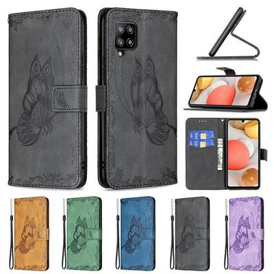 For Samsung Galaxy A42 5G Embossed Flying Butterflies Scratch Resistant Wallet Leather Case with Wrist Strap