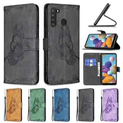 For Samsung Galaxy A21 Embossed Flying Butterflies Scratch Resistant Wallet Leather Case with Wrist Strap