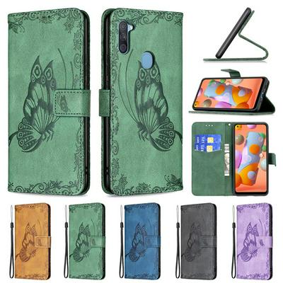 For Samsung Galaxy A11 Embossed Flying Butterflies Scratch Resistant Wallet Leather Case with Wrist Strap