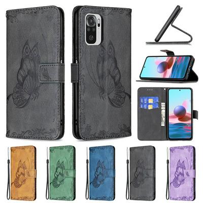 For Xiaomi Redmi Note 10S Embossed Flying Butterflies Scratch Resistant Wallet Leather Case with Wrist Strap
