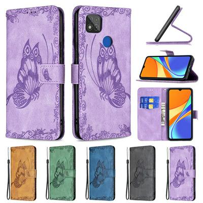 For Xiaomi Redmi 9C Embossed Flying Butterflies Scratch Resistant Wallet Leather Case with Wrist Strap