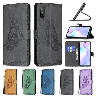 For Xiaomi Redmi 9A Embossed Flying Butterflies Scratch Resistant Wallet Leather Case with Wrist Strap