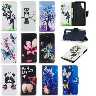 Lotus Owl Panda Butterfly Color Painting Wrist Strap PU Leather + Soft TPU Card Slots with Stand and Magnetic Buckle Case for Huawei P30 Pro