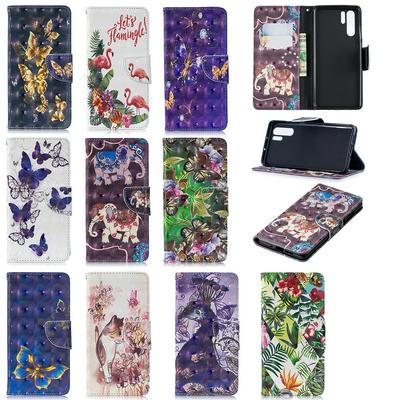 3D Bright Colored Painting PU Leather + Soft TPU Wrist Strap with Wallet Stand and Card Holder Slots Protective Cover Case for Huawei P30 Pro 