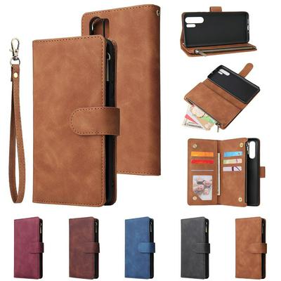 Solid Color Wrist Strap Style Shockproof Side Flip PU Leather + Soft TPU Double Layer Multi-Card Slots Picture Frame with Magnetic Buckle and Stand Zipper Wallet Case for Huawei P30 Pro