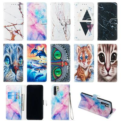 Colored Cat Tiger Owl Dolphin Pattern PU Leather + Soft TPU Card Slots with Stand Wallet Protective Case for Huawei P30 Pro