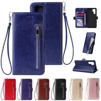 Leather Wallet Case for HUAWEI P30 Pro, Plain Zipper Phone Cover with Wrist Strap