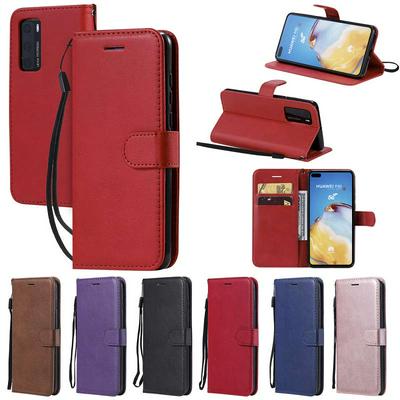 Solid Color Pattern Scratch Resistant Clamshell PU Leather Phone Protective Case with Lanyard&Card Slots for HUAWEI P40